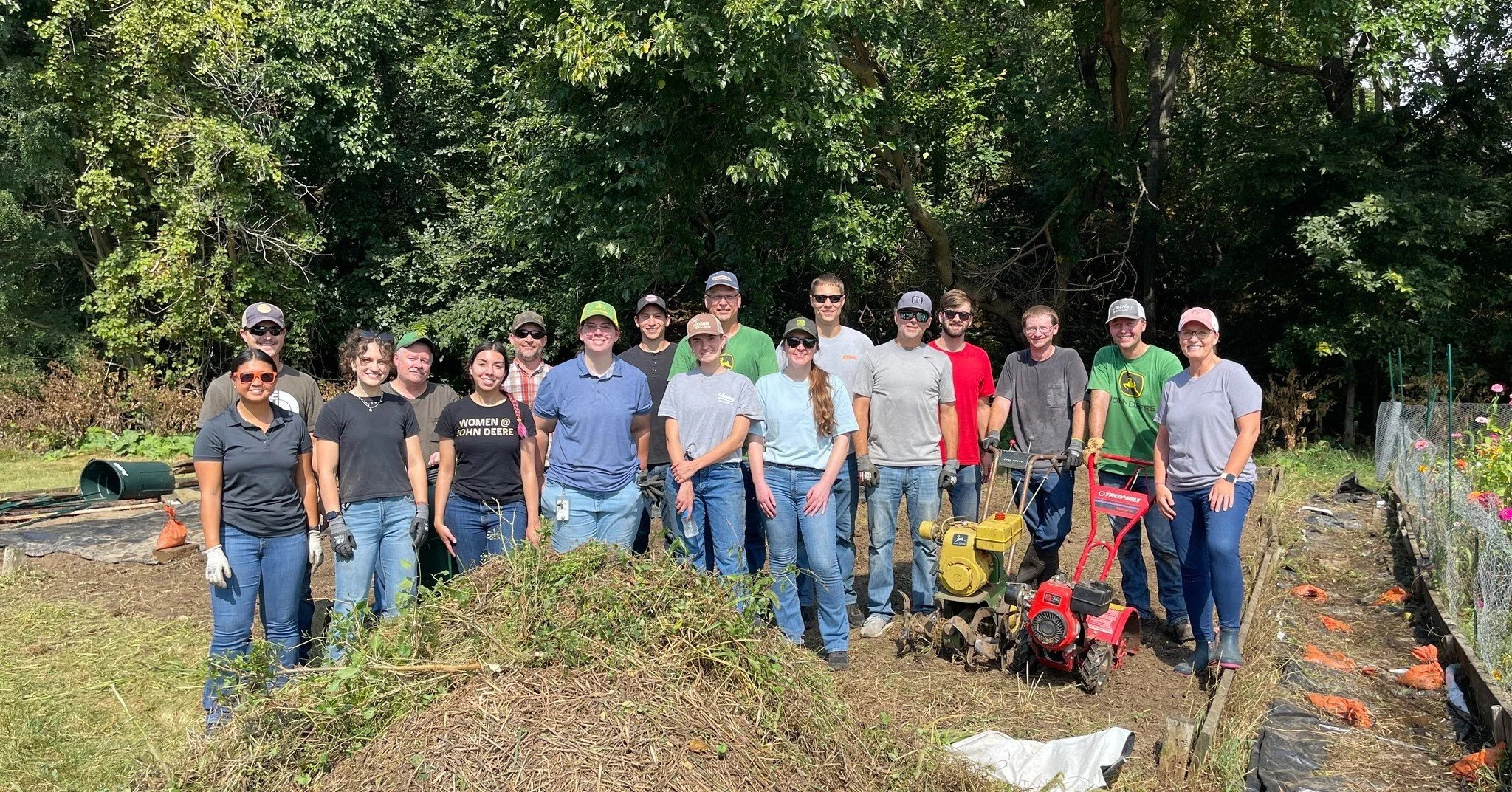They brought their own tillers!
Last Friday, a group from John Deere spent the morning with us and increased our capacity to grow food in just a few hours!! We rely on groups of volunteers to help out across our urban farm and the impact of this gift