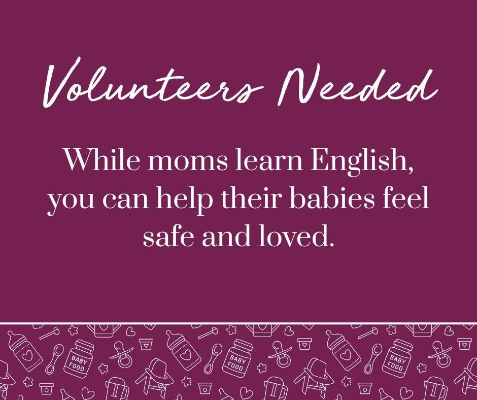👶💛 We need baby cuddlers! 👶💛

Our English classes for refugee moms are growing (yay!), and that means more sweet little ones in our nursery while their moms learn.

We&rsquo;re looking for volunteers to help care for babies and toddlers on Tuesda