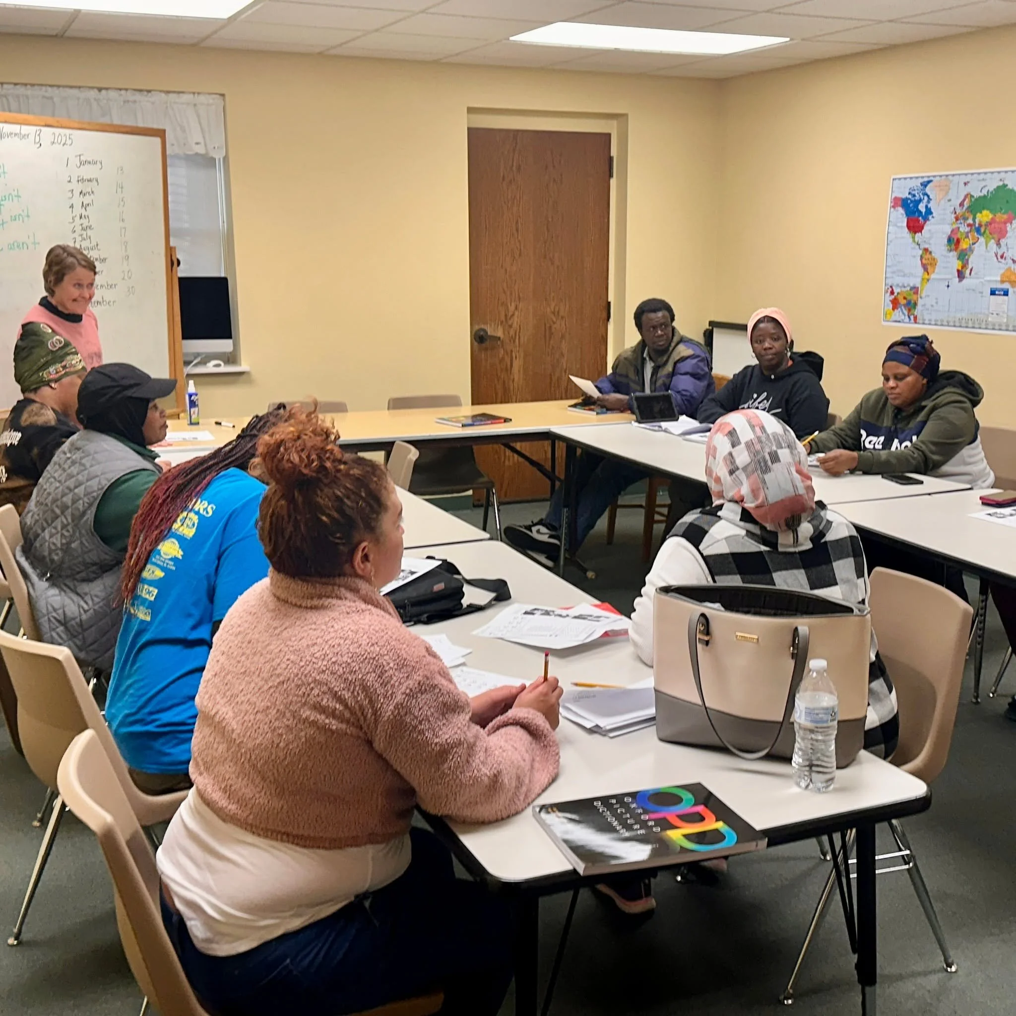 Last spring, we started an adult English class with free child care&mdash;and then DOUBLED the effort this fall!! More students, more kiddos, more volunteers...more joy! 🎉

Students who speak six different languages from seven different countries co