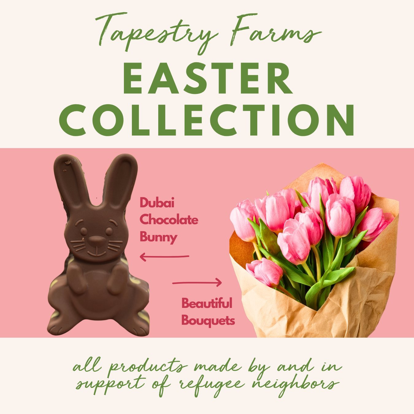 The cutest (and most delicious) Easter bunny you&rsquo;ve ever seen! Our Dubai chocolate Easter bunnies and spring flower bouquets are available now! Thoughtful, beautiful, and filled with goodness, these items are perfect for tables, baskets, and sh