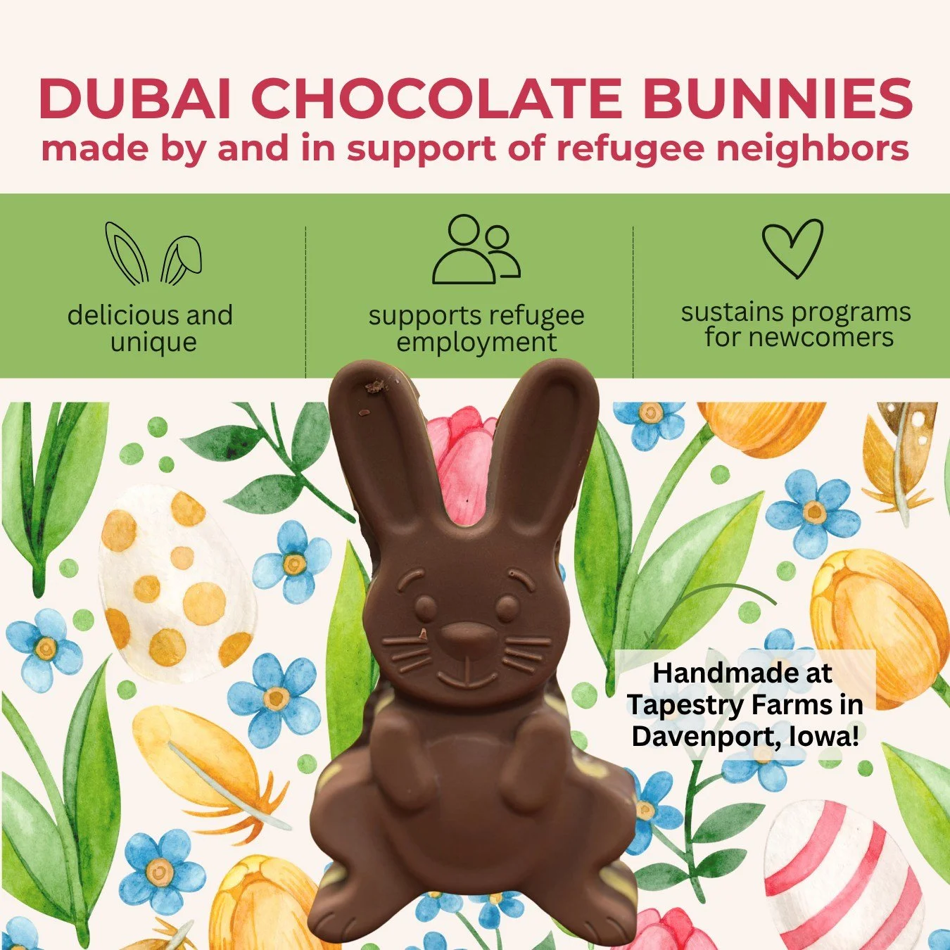 Buy a Bunny for Twenny&hellip;and make a real difference! 🐰😉

Our Dubai chocolate Easter bunnies and spring flower bouquets are handmade and thoughtfully arranged by Tapestry Farms team members &mdash; creating employment and opportunity for refuge