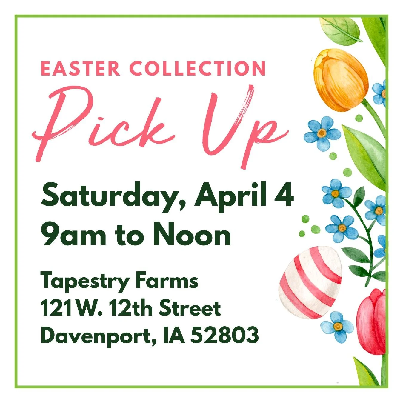 If you ordered a Dubai Chocolate Bunny or bar or a bouquet of flowers, be sure to swing by tomorrow between 9 and noon to gather your goods. We can't wait to see you!! 

🌷 There are a few items left in our online store&mdash;click the Easter Collect