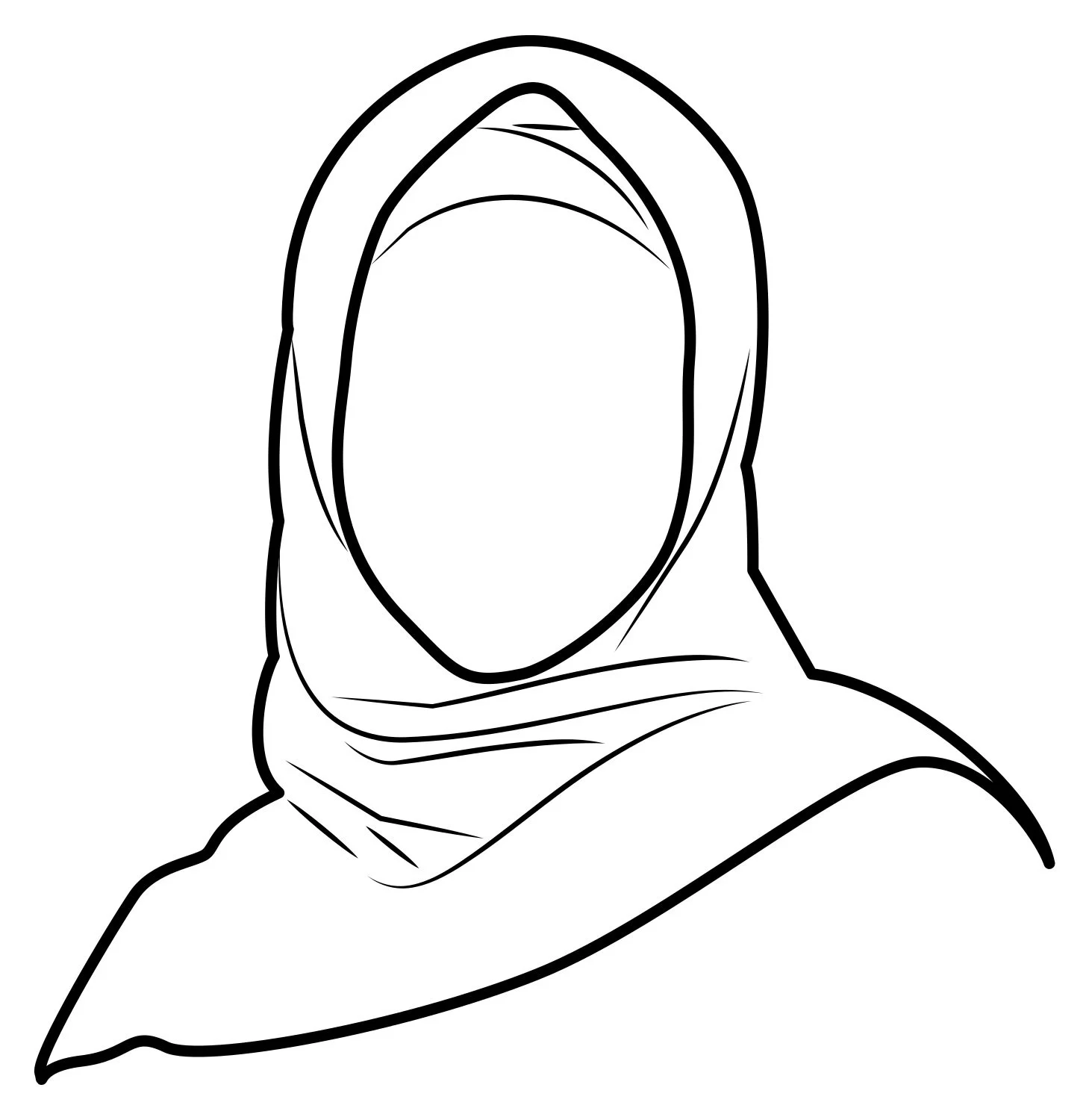 Outline drawing of a woman wearing a headscarf.