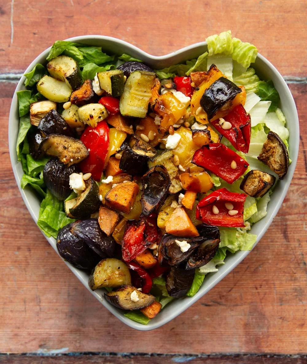 Roasted Vegetables on Greens with Balsamic Dressing