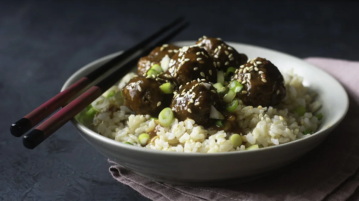 Vegan Teriyaki Meatballs on Rice.webp