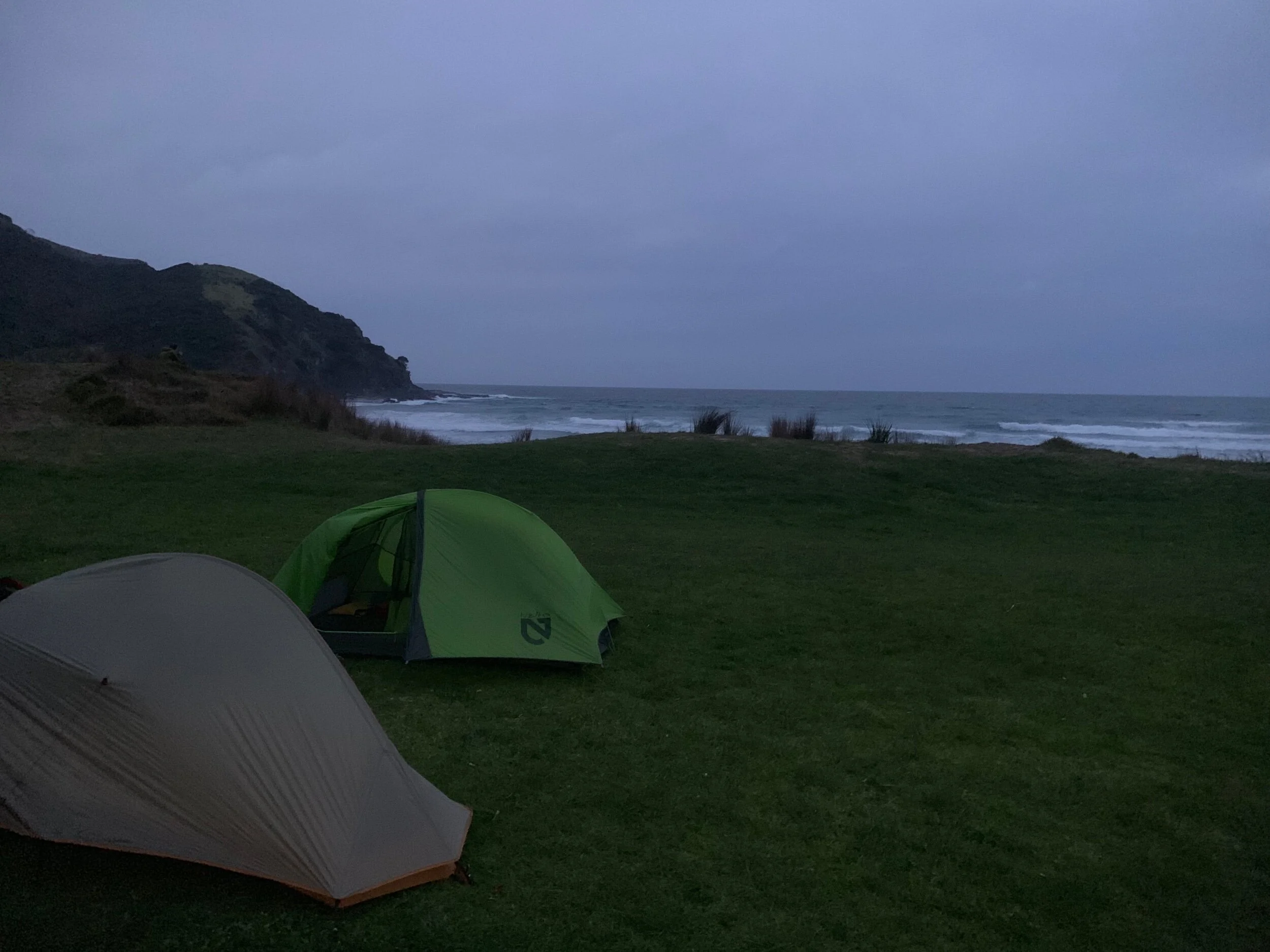 Our first campsite, right on the water about 5km east of where the Tasman Sea meets the Pacific Ocean.