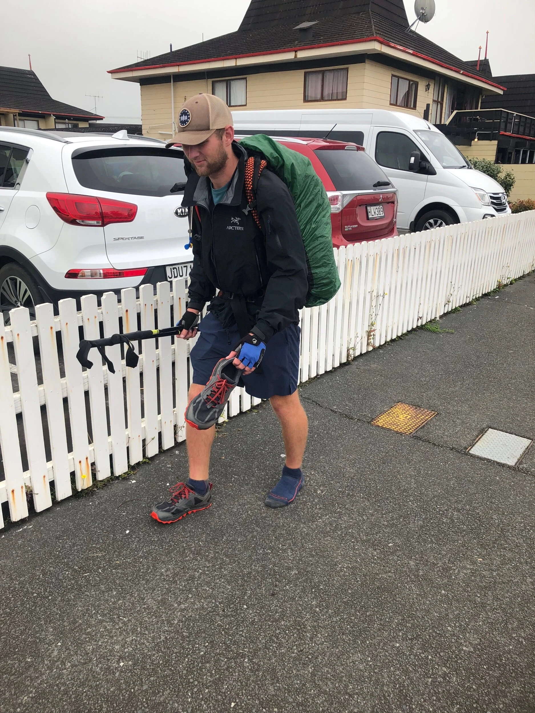 Alex walking without his shoe