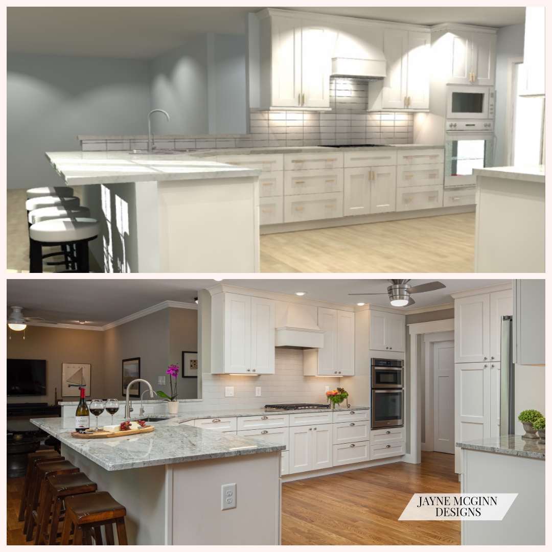 kitchen remodel with lighting, island, cabinets, seating, and decor