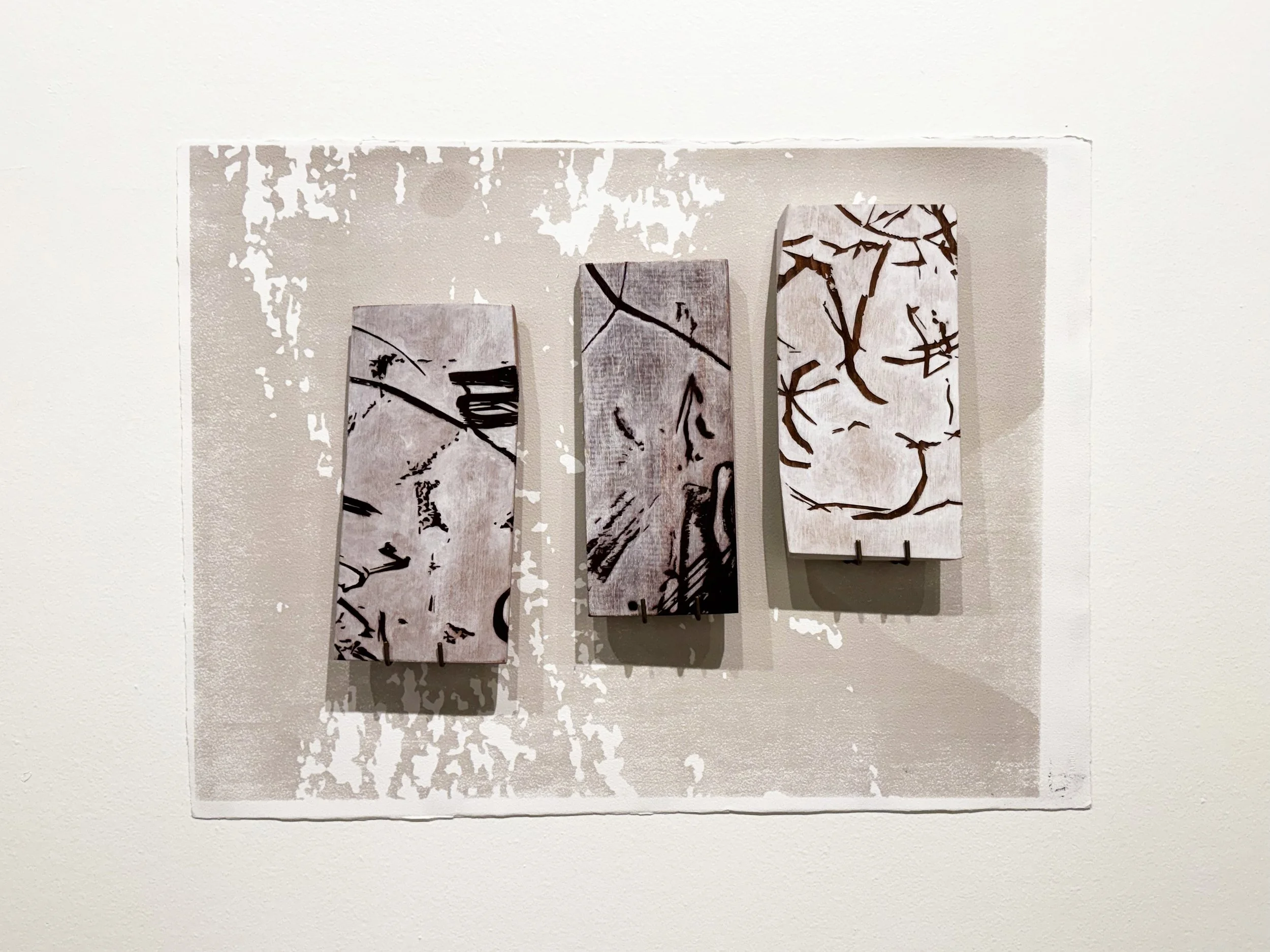 Gestural Alphabet Series #2. Laser engraving & oil on wood. Printed Rives paper 5.5" x 12" each. 