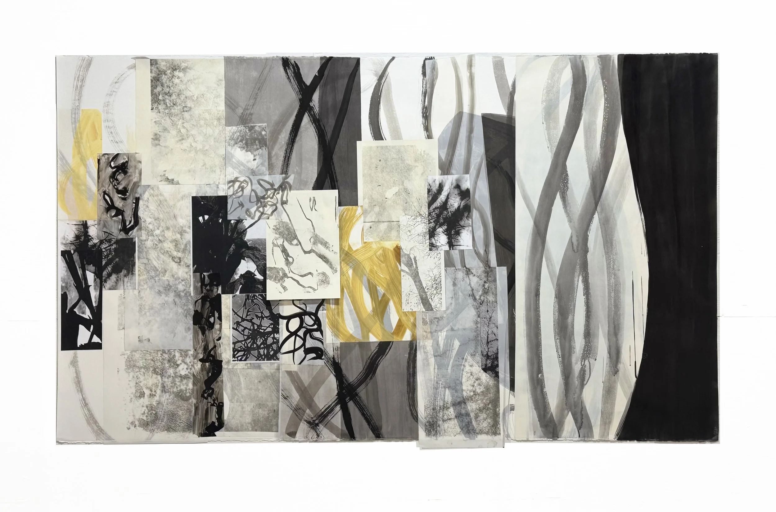 To Pray a River. Sumi ink, watercolor & collage on Rives paper

 

42" x 72". 