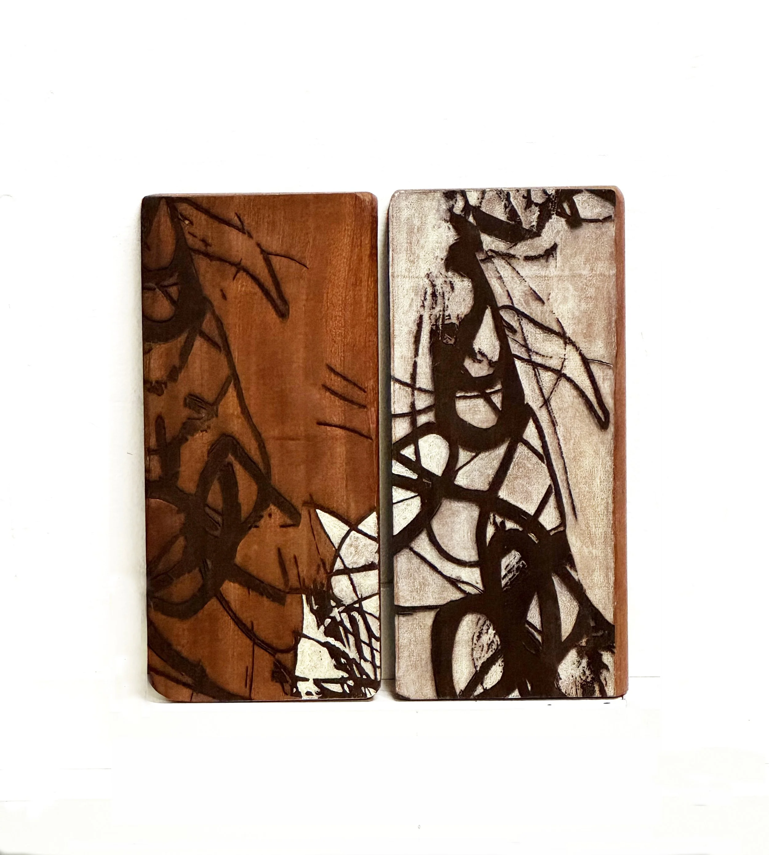 Gestural Alphabet Series #4. Laser engraving & oil on wood. 5.5" x 12" each.