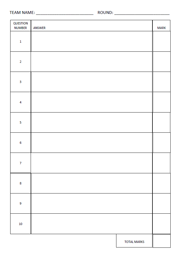 Quiz Night answer sheet