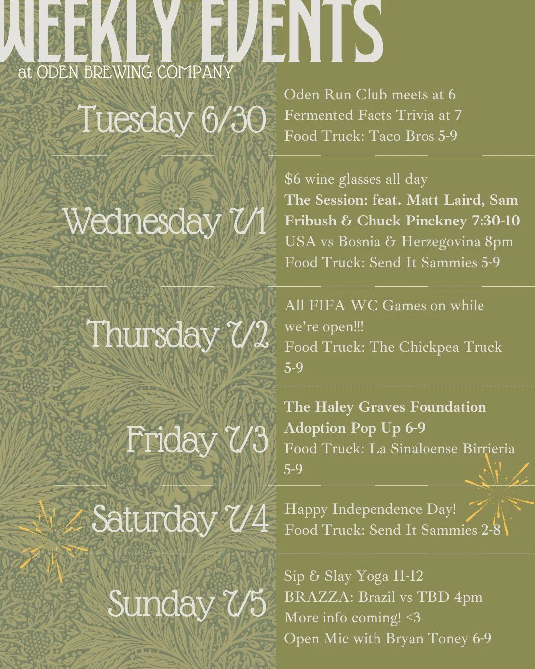 This week at OBC ❤

Tuesday 6/30
Oden Run Club meets at 6 @odenrc 
Raffle for bites and beverages at 7
Fermented Facts Trivia 7-9 @don_keybrain 
FIFA World Cup games on*
Food Truck: Taco Bros 5-9 @tacobrosnc 

Wednesday 7/1
$6 wine by the glass all d