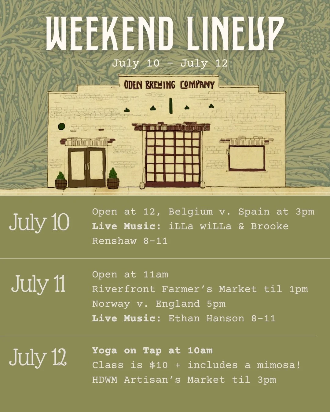 This weekend at OBC 

July 10: Open at 12
⚽️ Spain v Belgium 3pm
🎶 iLLa wiLLa + Brooke Renshaw 8-11 @illa_willa @annnabroooke 

Saturdays 7/11
Open at 11, @riverfrontfarmers til 1pm
⚽️ Norway v England 5pm *sound on*
🎶 Ethan Hanson @ethan_hanson 8-