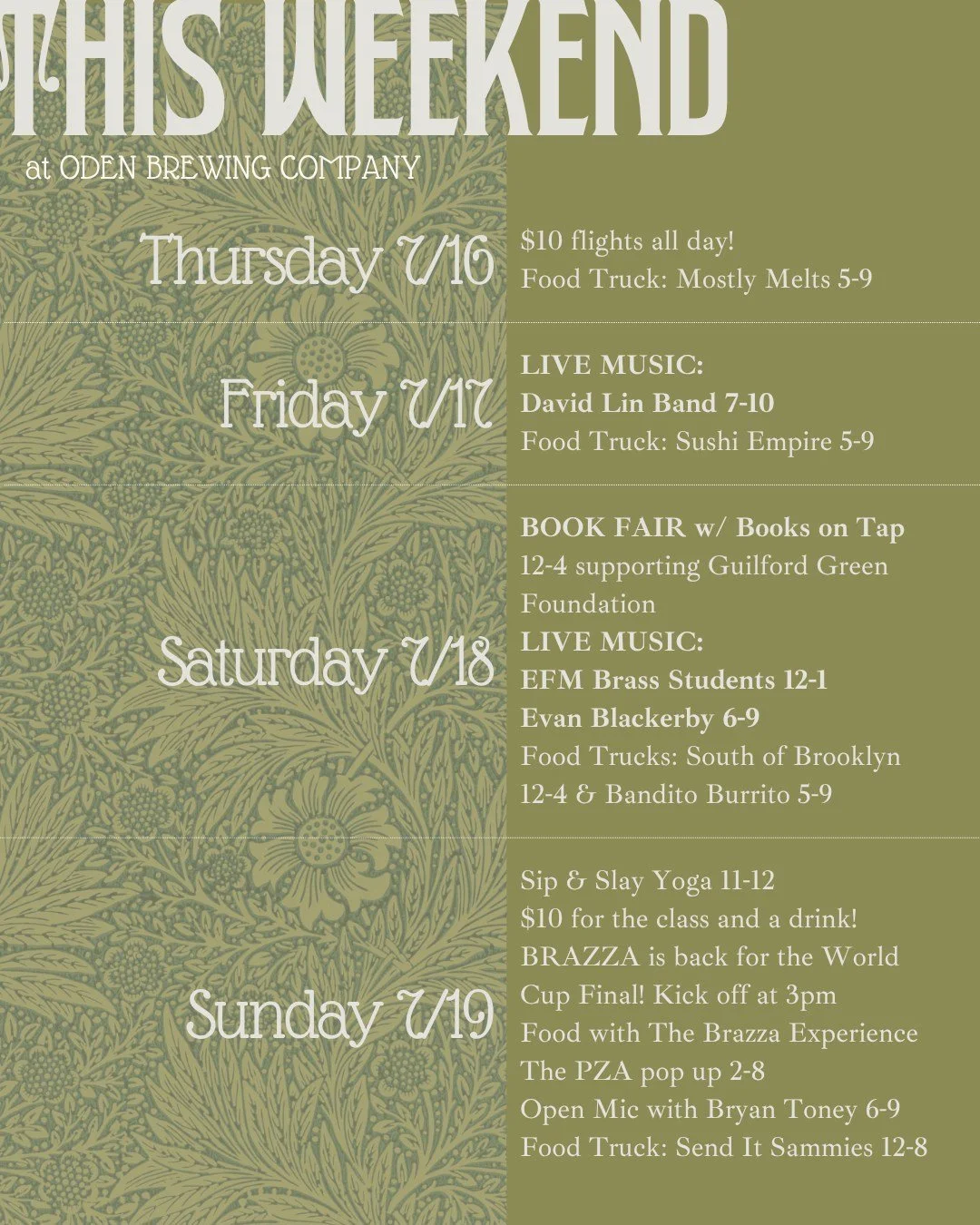 This weekend at Oden! :)

Thursday 7/16
$10 flights all day!
Food Truck: Mostly Melts 5-9 @mostlymeltsnc 

Friday 7/17
LIVE MUSIC: David Lin Band 6-9
Food Truck: Sushi Empire 5-9 @sushiempirenc

Saturday 7/18
Books on Tap's Annual Book Fair returns t