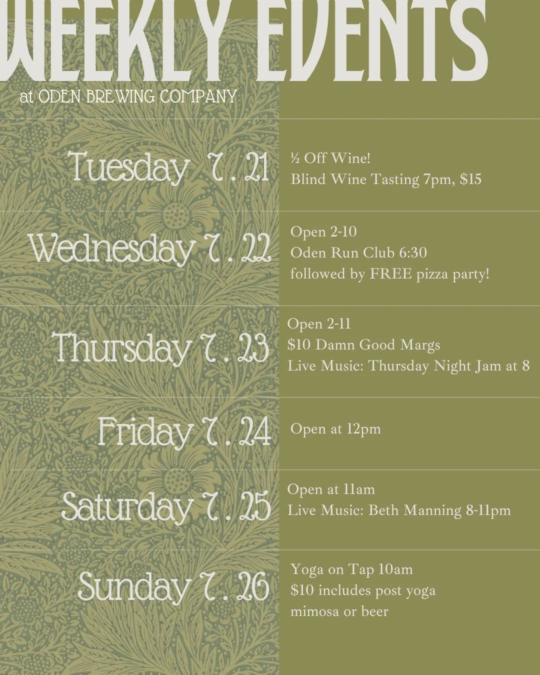 This week at OBC
Tuesday  7 . 21: 1/2 OFF Wine
Blind Wine Tasting 7pm, $15

Wednesday 7 . 22
Open 2-10
Oden Run Club 6:30
followed by FREE pizza party!

Thursday 7.23 Open 2-11
$10 Damn Good Margs 
Live Music: Thursday Night Jam at 8

Friday 7 . 24
O