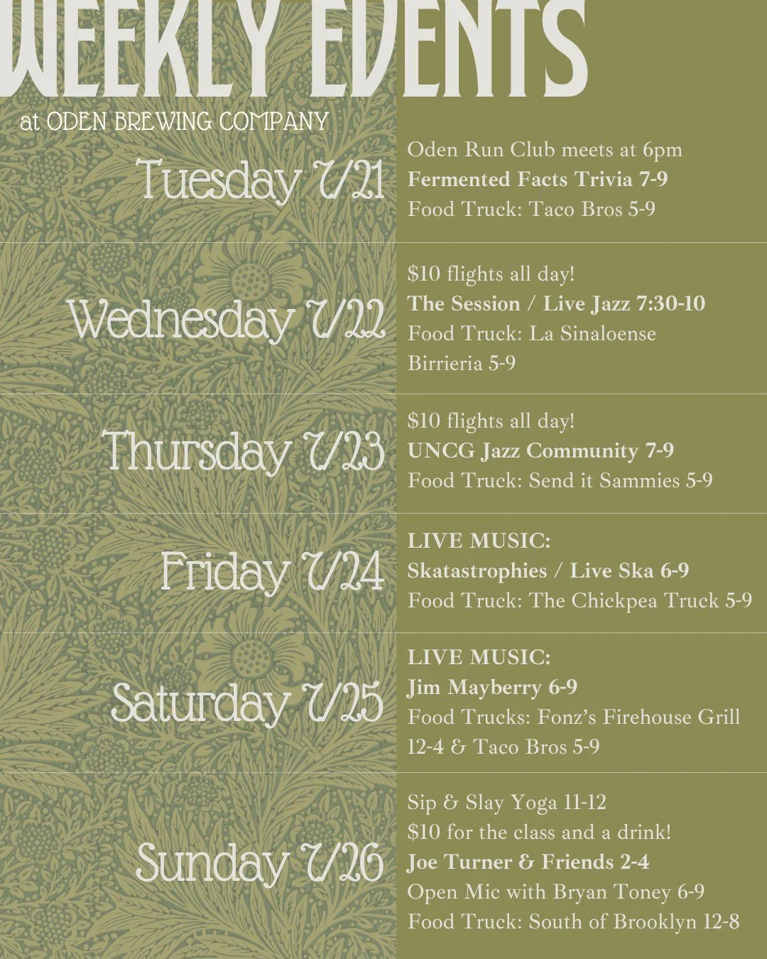 This week at OBC ❤

Tuesday 7/21
Oden Run Club meets at 6 @odenrc 
Raffle for bites and beverages at 7
Fermented Facts Trivia 7-9 @don_keybrain 
Food Truck: Taco Bros 5-9 @tacobrosnc 

Wednesday 7/22
$6 wine by the glass all day!
THE SESSION: feat. M
