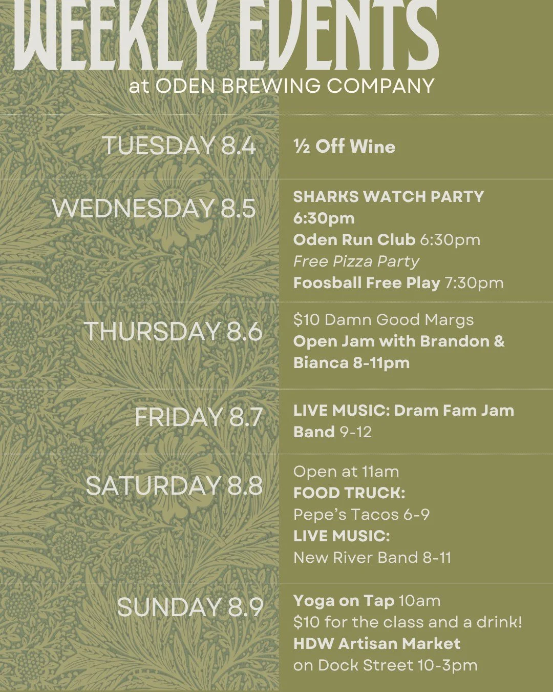 This week at Oden!

Tuesday 8.4
&frac12; Off Wine

Wednesday 8.5
SHARKS WATCH PARTY 6:30pm
Oden Run Club 6:30pm
Free Pizza Party
Foosball Free Play 7:30pm

Thursday 8.6
$10 Damn Good Margs 
Open Jam with Brandon &amp; Bianca 8-11pm

Friday 8.7
LIVE M