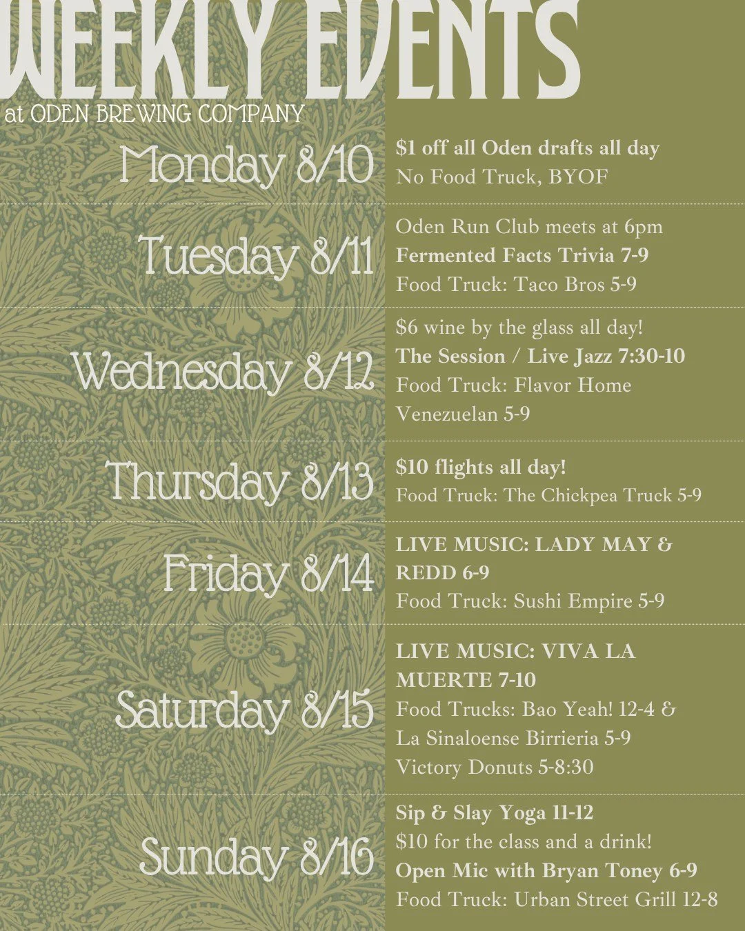 This week at Oden :)

Monday 8/10
$1 off all Oden drafts all day! (that means $4 daylite drafts ;)
No food truck, BYOF or order in!

Tuesday 8/11
Oden Run Club meets at 6 @odenrc 
Raffle for bites and beverages at 7
Fermented Facts Trivia 7-9 @don_ke