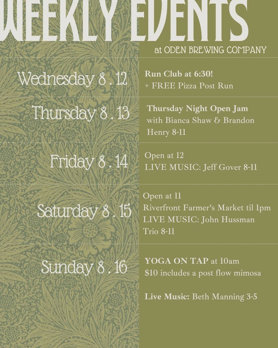 This week at Oden!

Tonight 8.12: Oden Run Club meets at 6:30
followed by free pizza &amp; Foosball free play

Thursday 8.13: $10 Margs
Thursday Night Open Jam with Bianca Shaw and Brandon Henry 8-11

Friday 8.14 
We're open at 12
Live Music: Jeff Go
