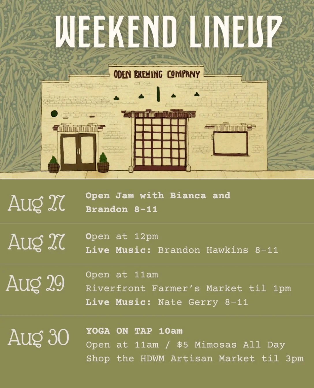 End of August line up! Lots of live music this weekend you don&rsquo;t want to miss, starting tonight with Open Jam from 8-11! Bring your instruments or just your talent 

Friday 8.28 - Open at 12 
Live Music: @brandonhawkinsmusic 8-11

Saturday 8.29
