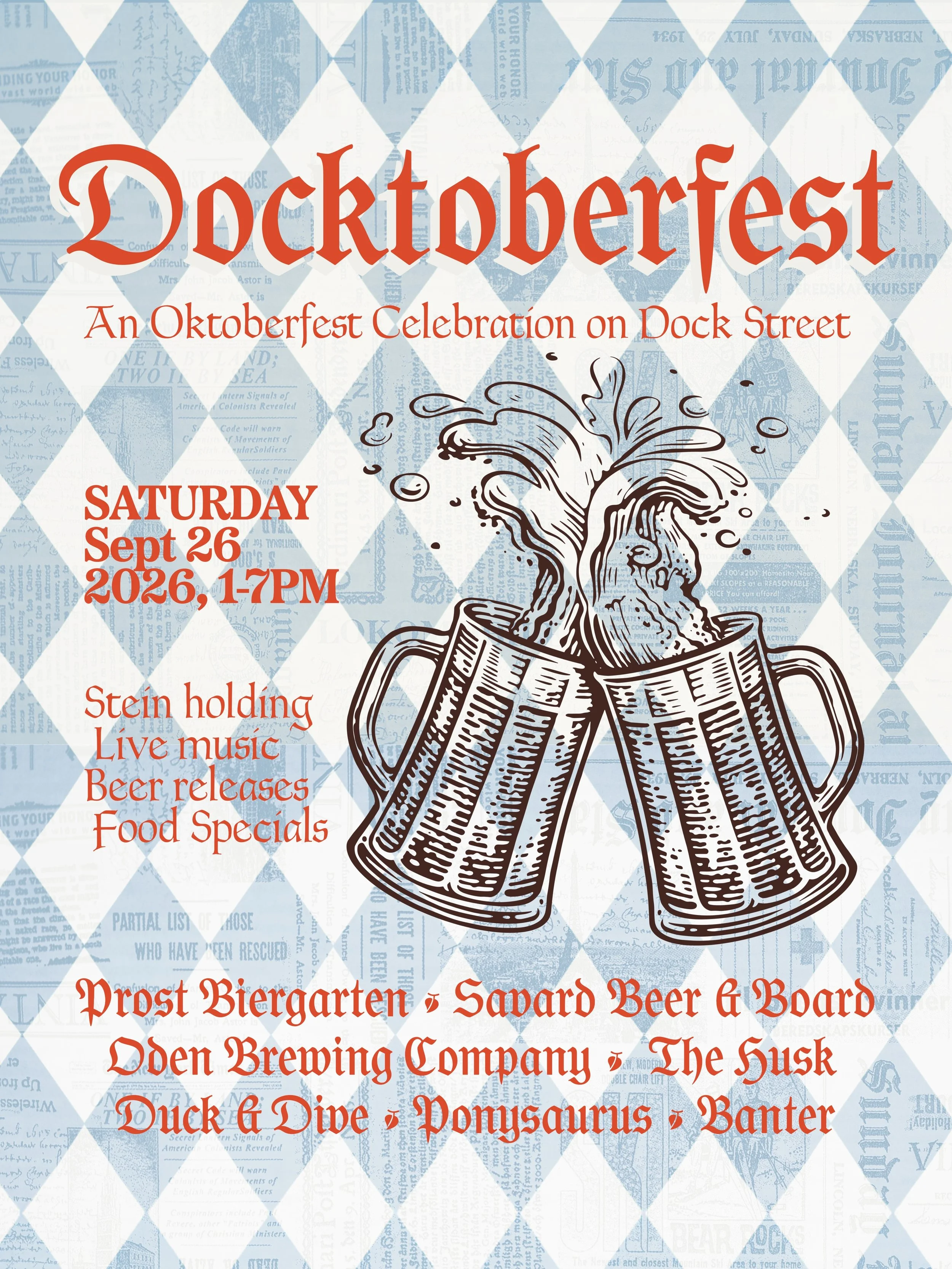 🍻 Save the date for an Oktoberfest Block Party you don&rsquo;t want to miss! Docktoberfest is September 26th!

Get ready for stein holding contests, exclusive beer releases, live music, and food specials all day long.

Visit all 7 participating busi