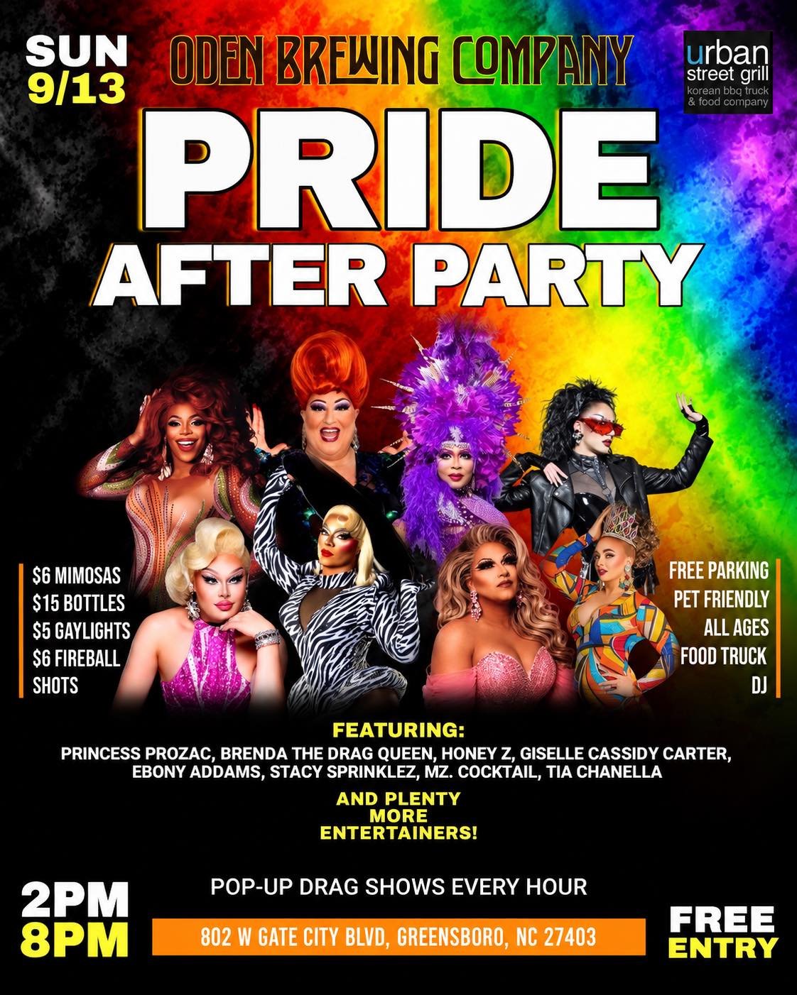 PRIDE AFTER PARTY IS TODAY! 🌈✨

2&ndash;8pm at Oden with drag, DJs, food, drinks, and good vibes!

🌈 Hourly drag shows
🎶 DJ all afternoon
🌮 Food Truck + drink specials
🐶 Pet + family friendly
✨ Free entry + parking

Cheers to 20 years of Greensb