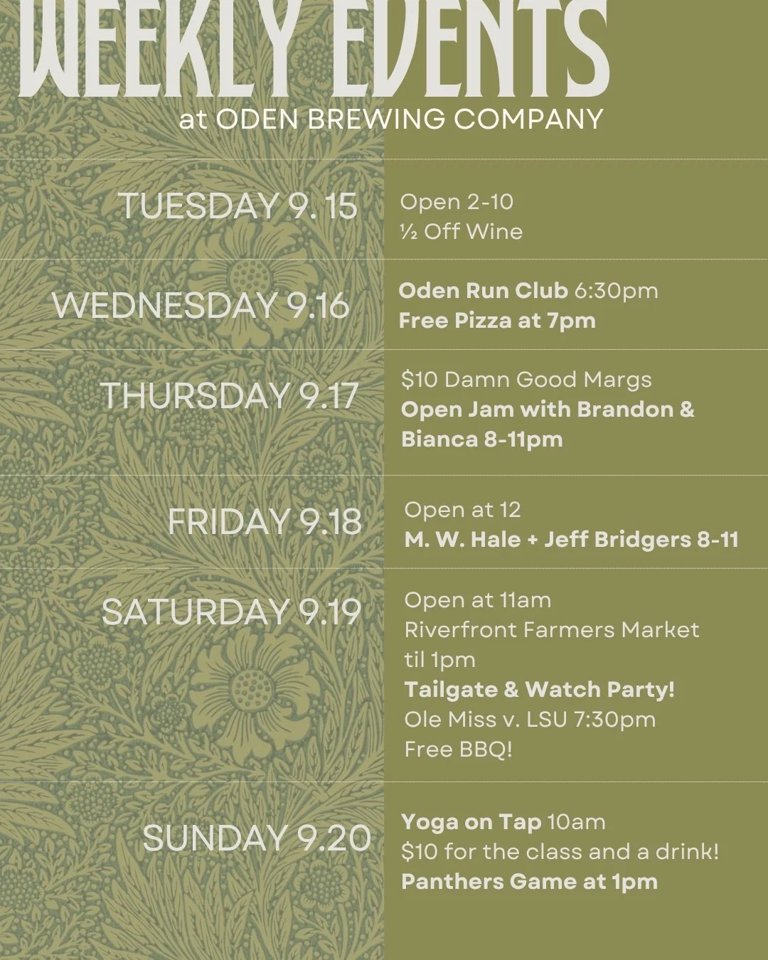 This week at 116 Dock Street!

Today 9.15: It's 1/2 Off Wine! 

Wednesday 9.16: Oden Run / Walk Club meets at 6:30 followed by free pizza!

Thursday 9.17: Open Jam with Bianca and Brandon 8-11

Friday 9.18: Live Music @m.w.hale + @jeffbridgersrhythm 