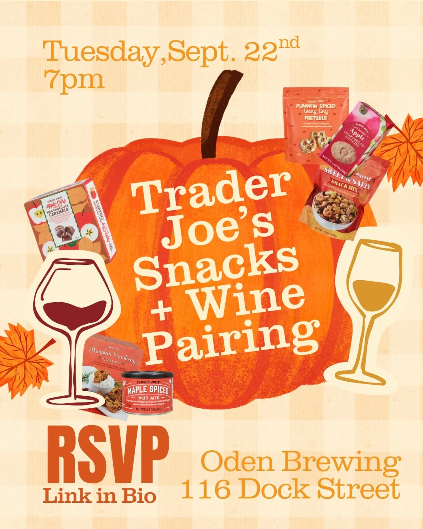 Ever wondered what wine pairs best with pumpkin spice? 🍁🎃 Despite what the weather says, fall is here and so is our favorite excuse to raid the Trader Joe&rsquo;s snack aisle. 

Join us at Oden Brewing for an evening of cozy pairings featuring your