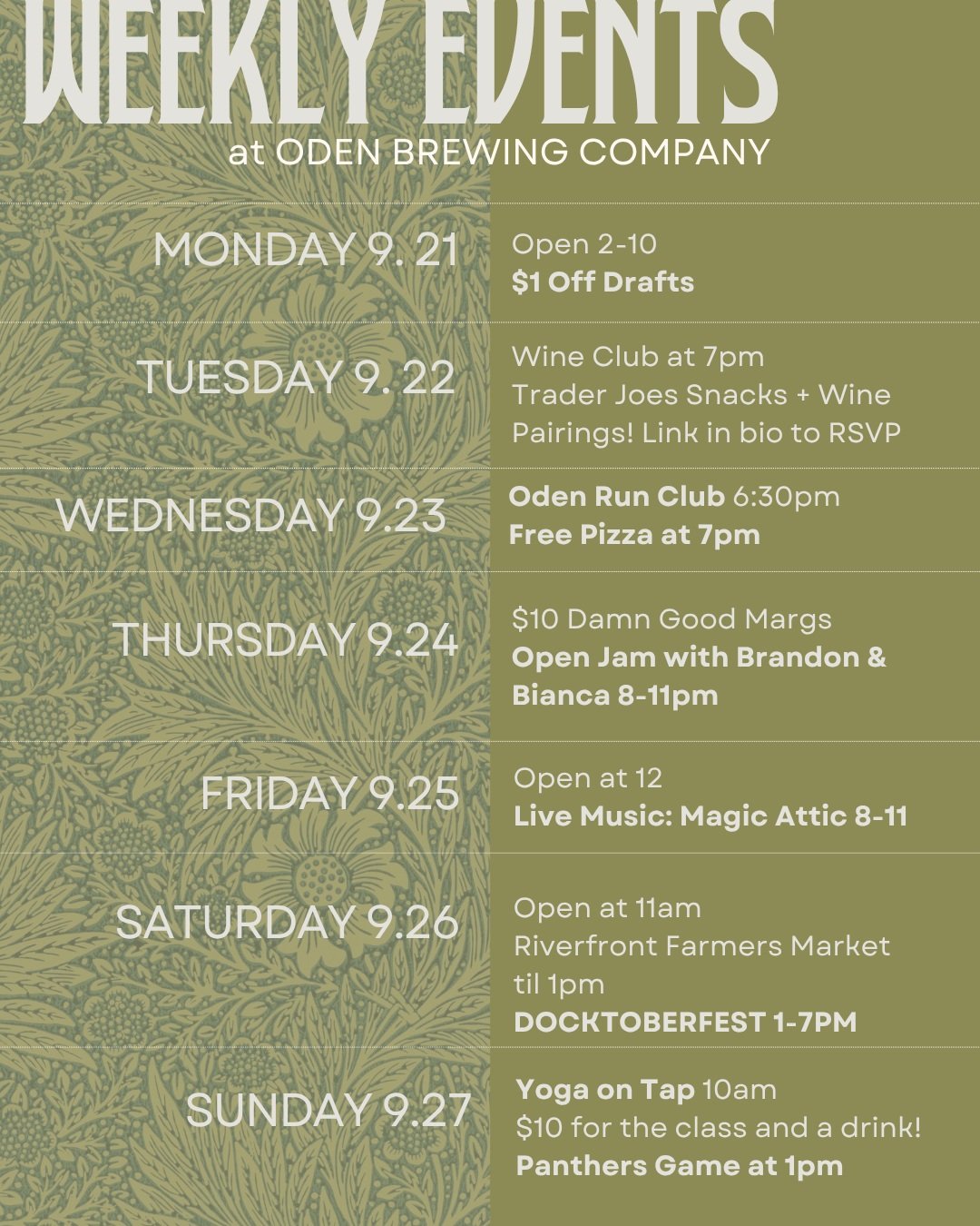 This Week at Oden Brewing on Dock Street ⬇️

Monday 9.21
Open 2-10
$1 Off Drafts

Tuesday 9.22
Celebrate the start of fall with a Trader Joe's Snacks and Wine Pairing! 7pm

Wednesday 9.23
Oden Run Club meets at 6:30
Free Pizza after! 

Thursday 9.24
