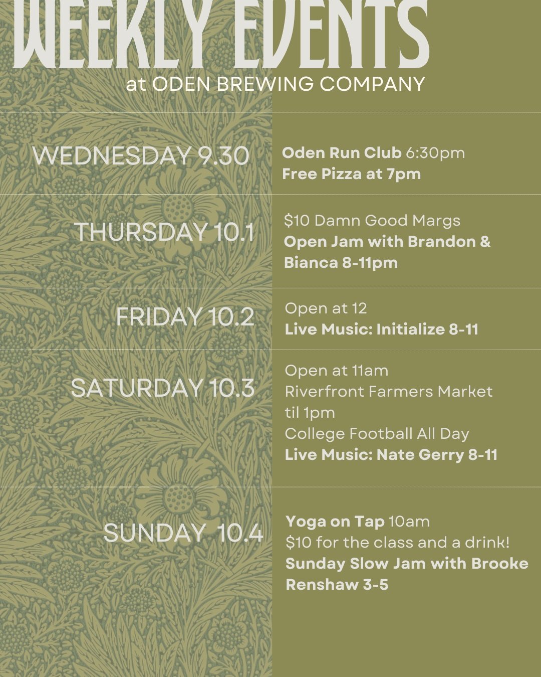 This week at Oden

Today 9.30: Wrap up September with Oden Run Club at 6:30pm!

Thursday 10.1: Thursday Night Open Jam with Brandon and Bianca 8-11

Friday 10.2: Open at 12pm 
Live Music: Initialize 8-11pm @initializeband 

Saturday 10.3: Open at 11a
