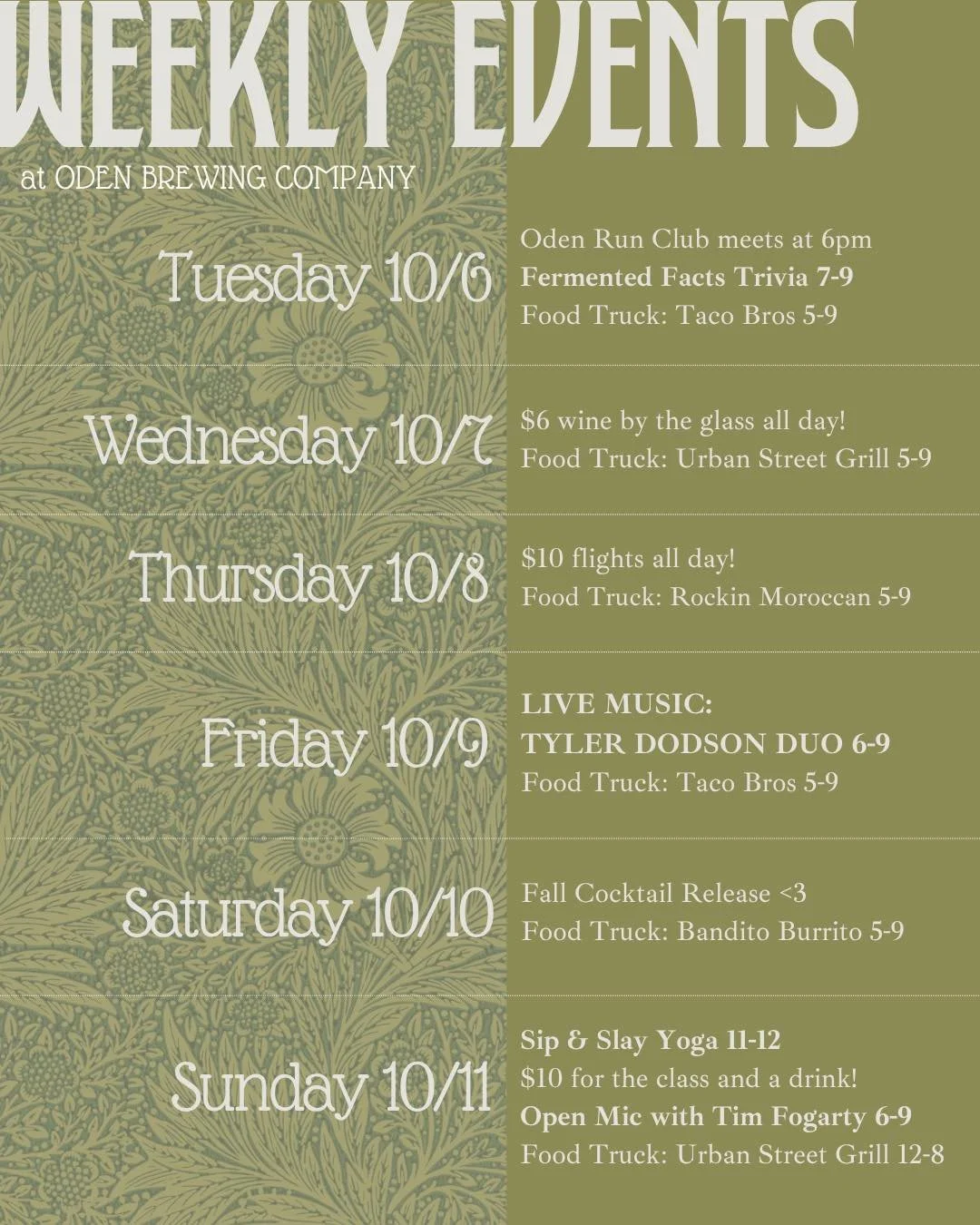 Cheers to a beautiful fall week at OBC 🍂🍁

Tuesday 10/6
Oden Run Club meets at 6 @odenrc 
Raffle for bites and beverages at 7
Fermented Facts Trivia 7-9 @don_keybrain 
Food Truck: Taco Bros 5-9 @tacobrosnc 

Wednesday 10/7
$6 wine by the glass all 
