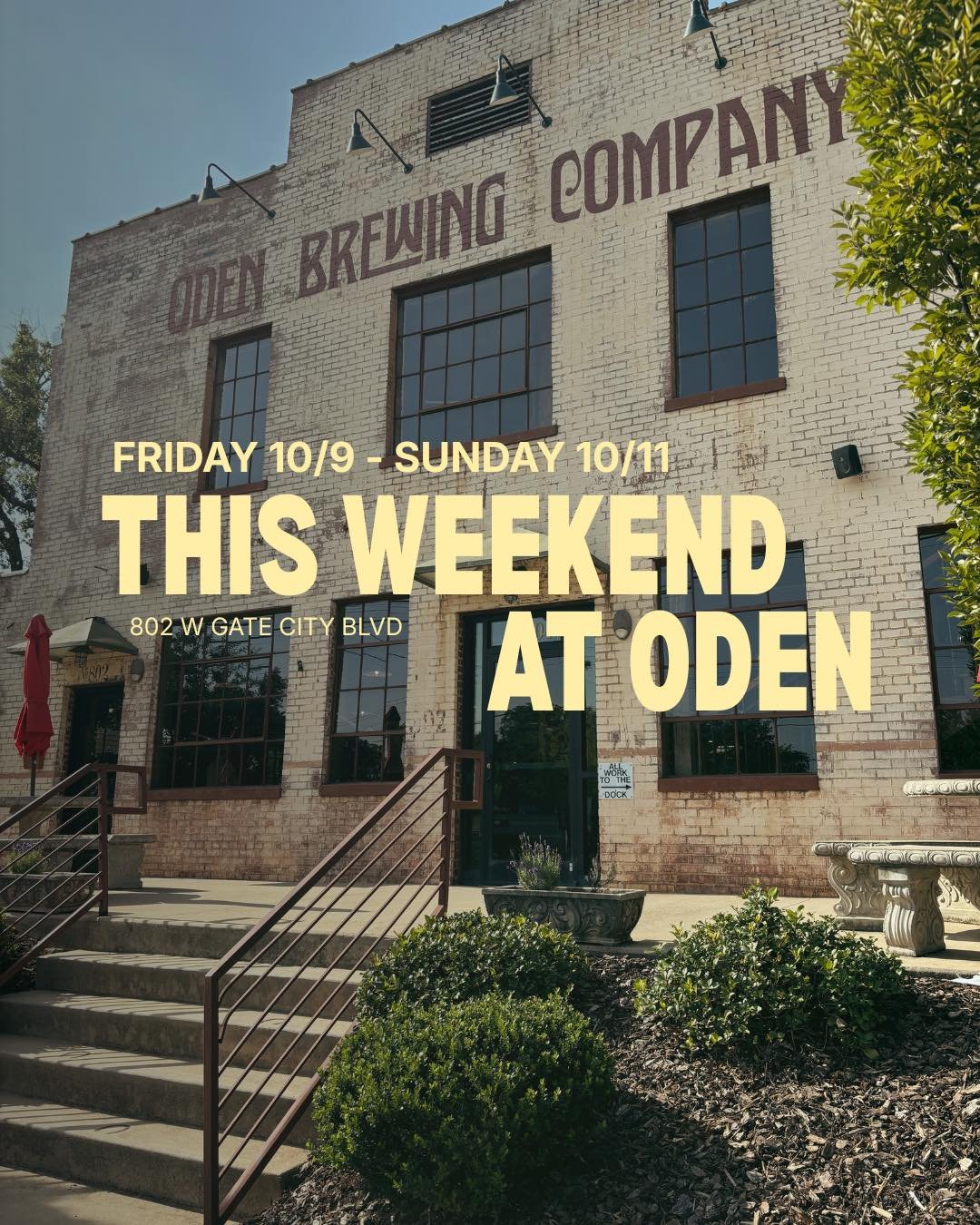 This weekend at Oden :)

Friday 10/9:
Live Music: Tyler Dodson Duo 6-9
@tylerdodsonmusic
Food Truck: Taco Bros 5-9
@tacobrosnc 

Saturday 10/10:
New Fall Cocktail Menu 🍂
Food Truck: Bandito Burrito 5-9
@banditoburritotruck 

Sunday 10/11:
Sip &amp; 