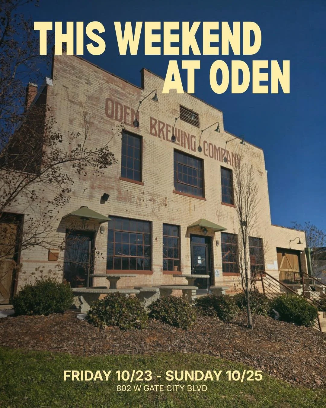 This weekend at Oden ☀️

Friday 10/23
LIVE MUSIC: WRISTBAND 7-10 @wristbandrocks 
Food Truck: Urban Street Grill 5-9 @urbanstreetgrill 

Saturday 10/24
LIVE MUSIC: JIM MAYBERRY 6-9 
@jimmayberry1 
Food Truck: Taco Bros 3-9 @tacobrosnc 

Sunday 10/25
