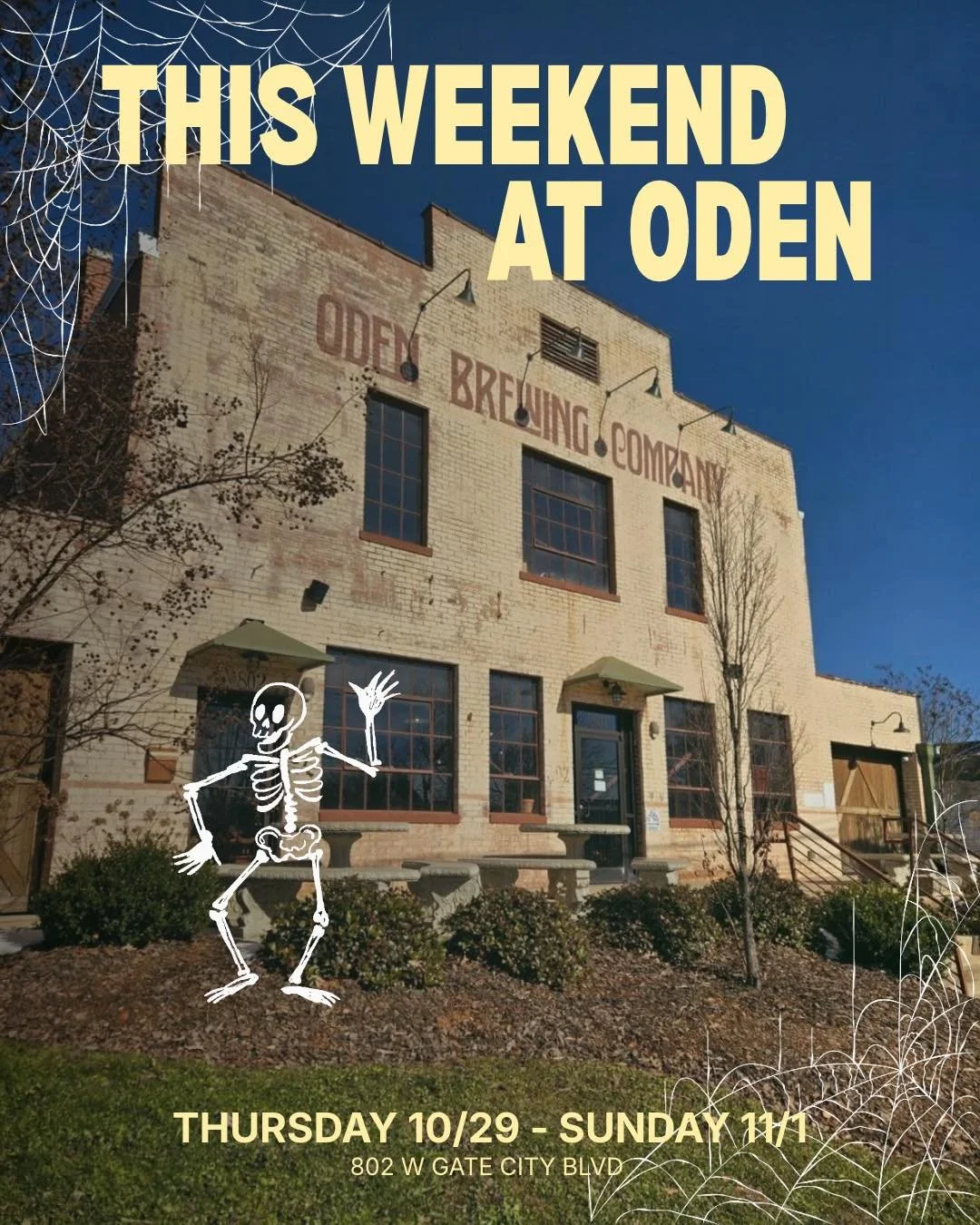 Halloween weekend at Oden 🎃🍻

Thursday 10/29
LIVE MUSIC: UNCG Jazz jams from 7-9 @uncgjazz
@goonpies_dg meets in the beer garden at 6:30pm 🥏
Food Truck: TBD

Friday 10/30
LIVE MUSIC: Stomp Box 7-10 @stompboxnc
Food Truck: Chirba Chirba 5-9 @chirba
