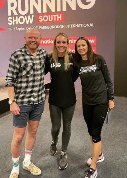 Jess at the National Running show 2021 with Danny Bent and Jo Pavey