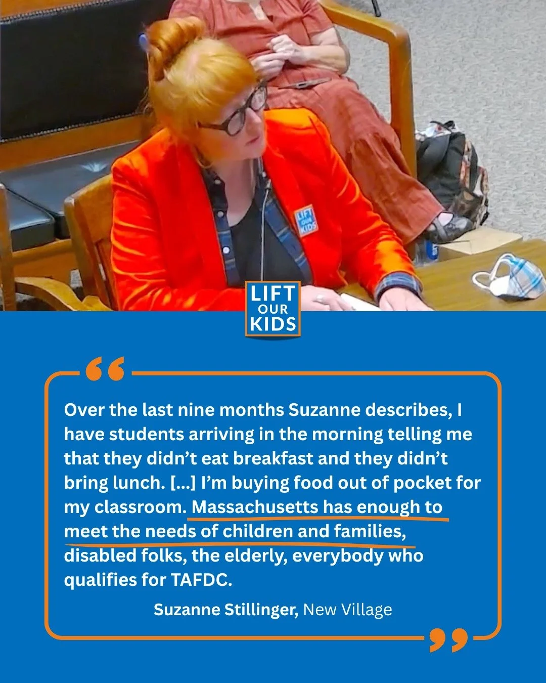 Thank you to Suzanne Stillinger (New Village) for her powerful testimony to raise cash assistance grants for low income families in MA. The #LiftOurKidsMA coalition is grateful to Suzanne for sharing her story to legislators and her continued work to