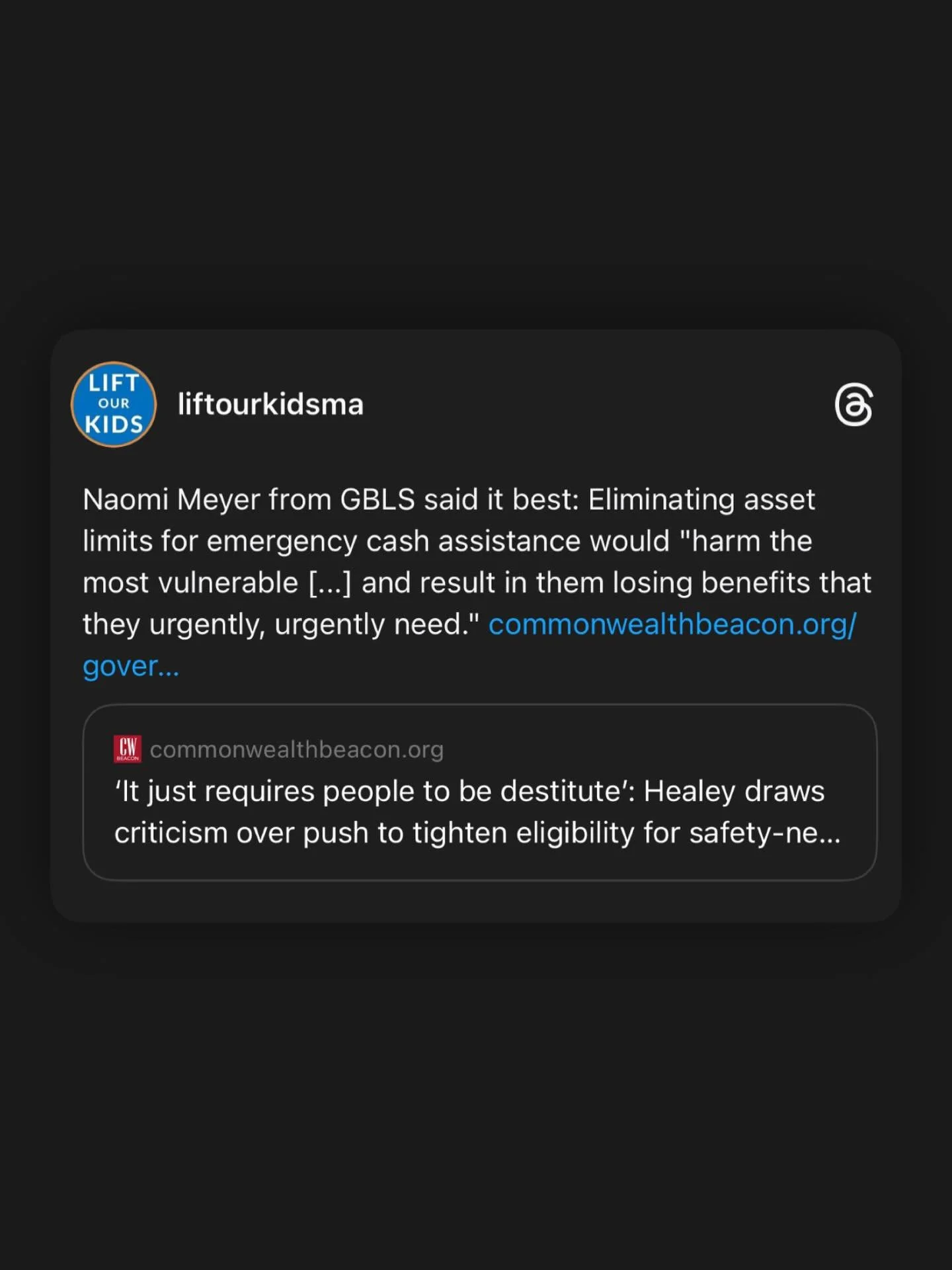 Naomi Meyer from GBLS said it best: Eliminating asset limits for emergency cash assistance would &ldquo;harm the most vulnerable [...] and result in them losing benefits that they urgently, urgently need.&rdquo; Link in our stories!