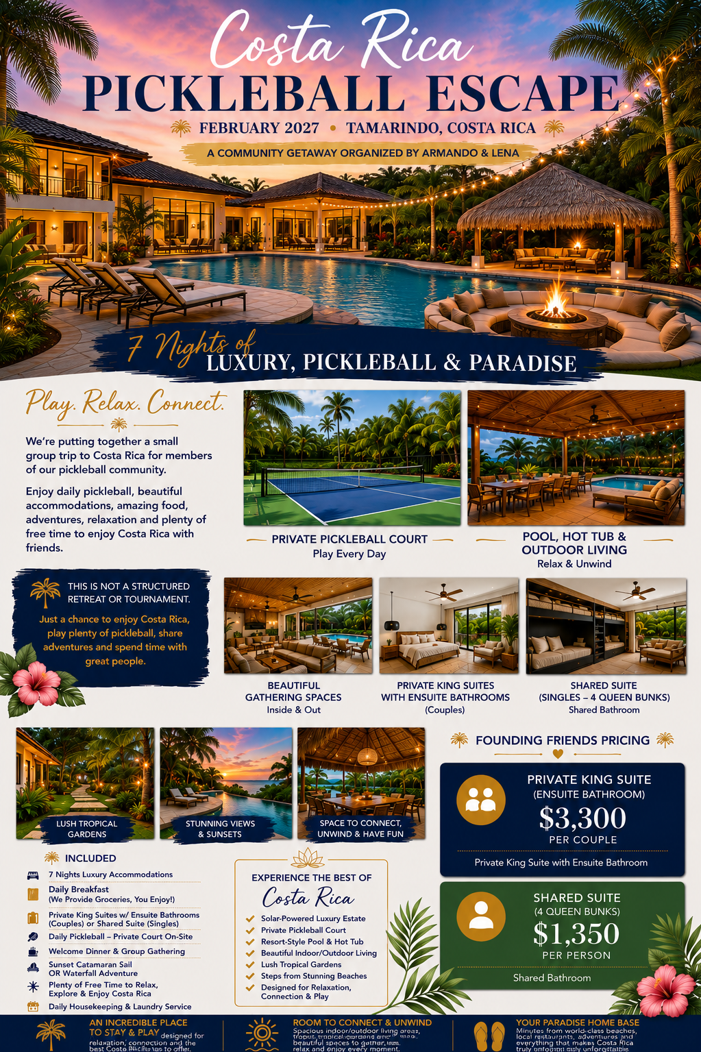 Travel brochure for Costa Rica's Pickleball Escape, February 2027, Tamarindo. Features a poolside scene with lounge chairs, cabanas, and string lights. Promotes 7 nights of luxury accommodations, private pickleball courts, outdoor living spaces, king suites, and shared suites. Includes images of gardens, sunset views, and communal areas.
