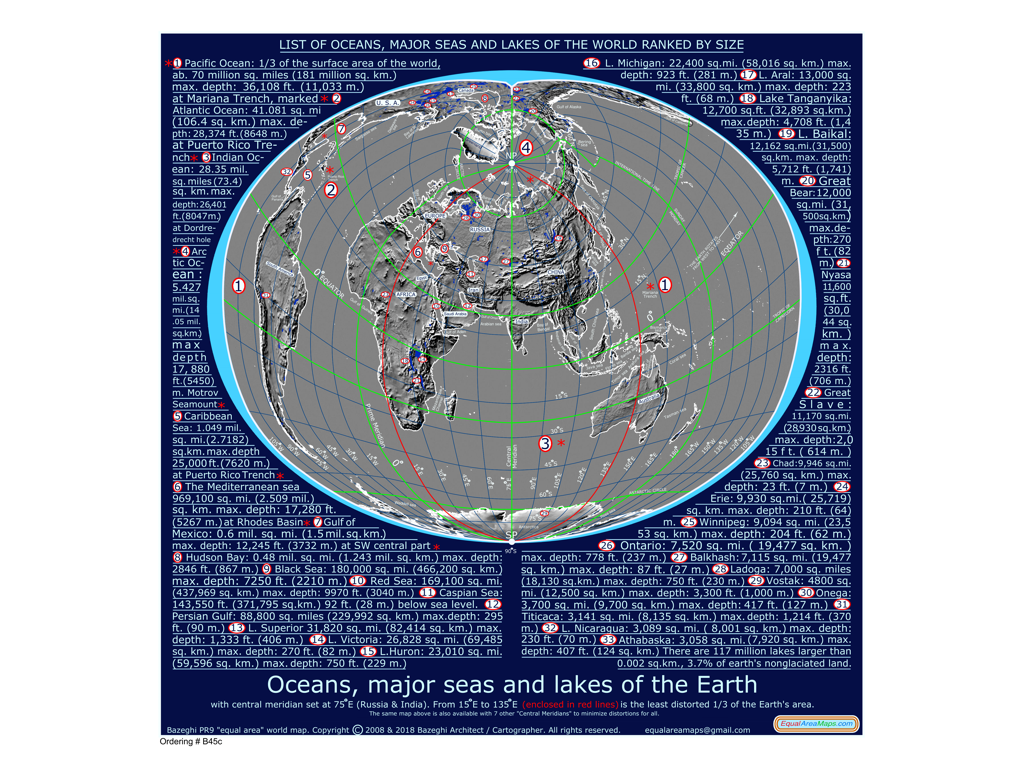 Oceans, Major seas &amp; lakes of the world in B&amp;W. Russia and India centered.