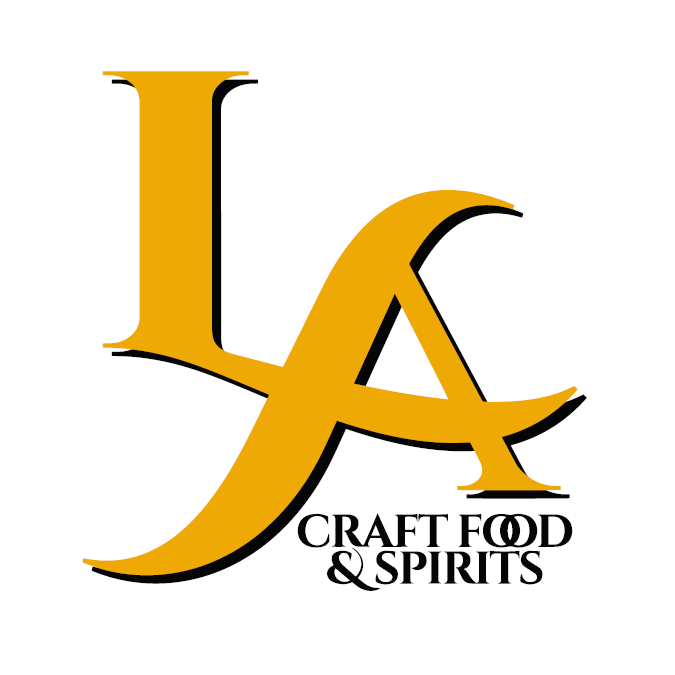 Logo with large gold stylized letters 'L' and 'A' and the words 'Craft Food & Spirits' underneath.