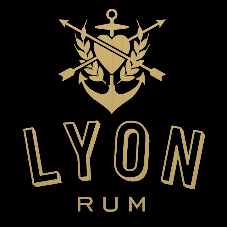 A logo featuring a gold heart with an anchor and arrows, surrounded by laurel branches, above the text 'LYON RUM' in gold against a black background.