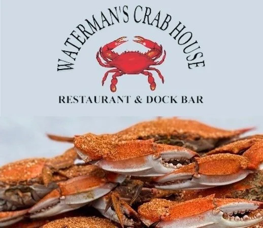 Snow crab legs and claws served with breading at Waterman's Crab House restaurant and dock bar logo.