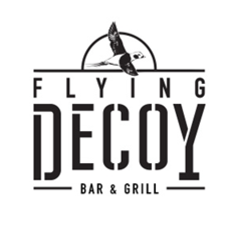 Logo for Flying Decoy Bar & Grill, featuring a flying decoy duck and a circular emblem.