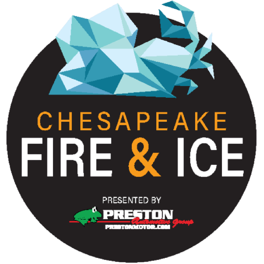 Logo for Chesapeake Fire & Ice event, featuring a geometric blue ice cube design on a black background, with text and a green alligator mascot for Preston Grading.