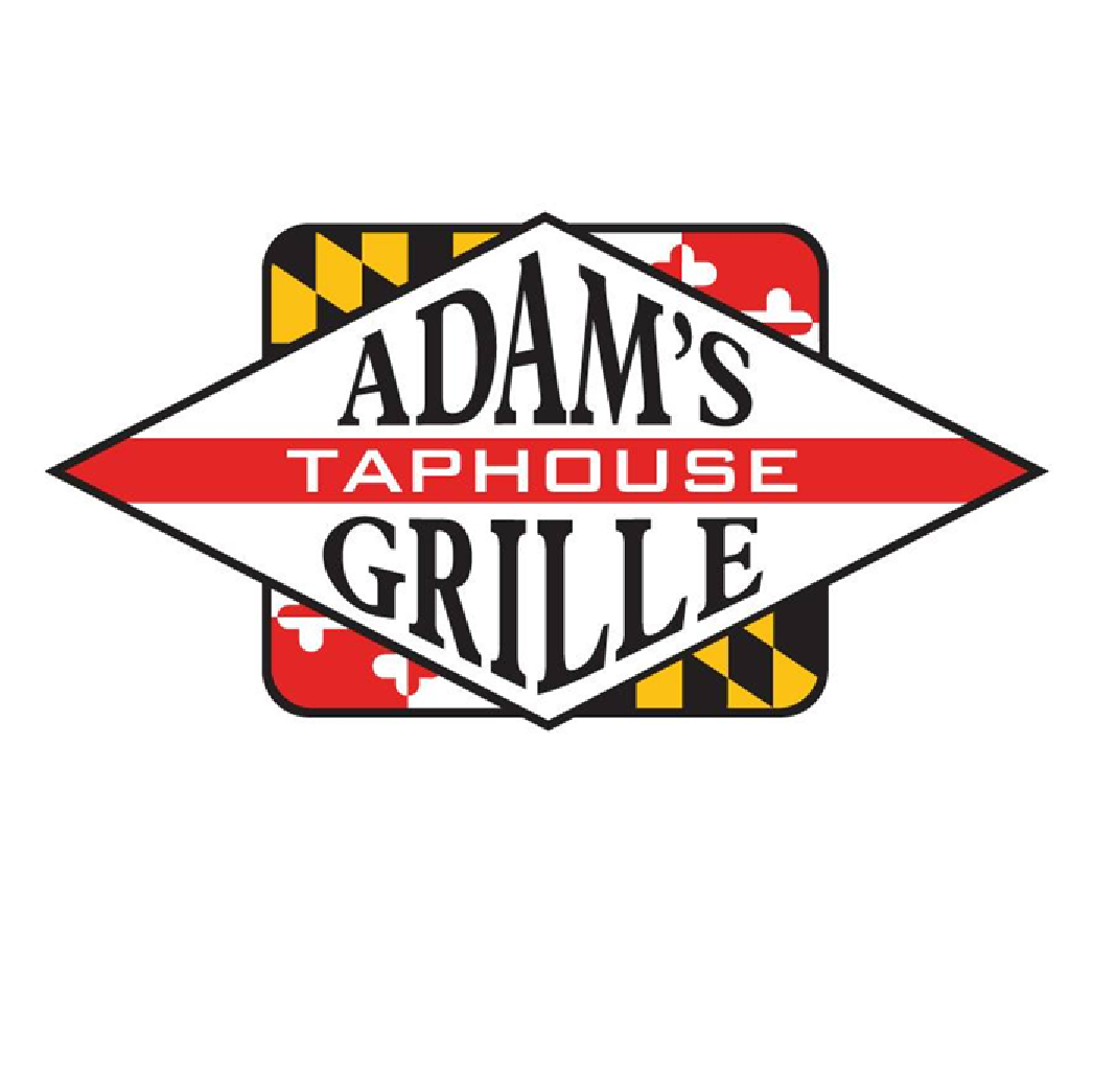 Logo for Adam's Taphouse Grille displaying the restaurant name with a decorative background featuring Maryland flag elements.