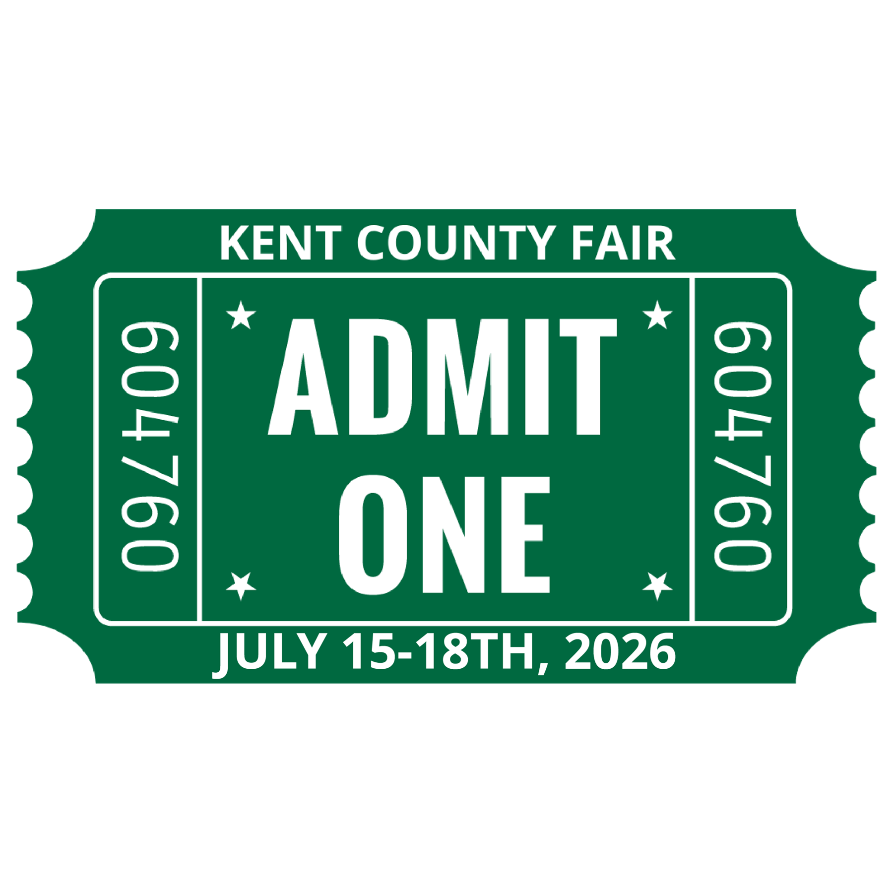 Green admission ticket for the Kent County Fair, held July 15-18, 2026.