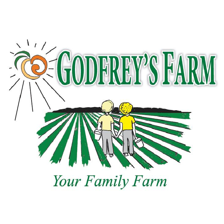Logo for Godfrey's Farm featuring a stylized sun, a farm field with two people holding buckets walking through the field, and the text "GODFREY'S FARM" with the tagline "Your Family Farm."
