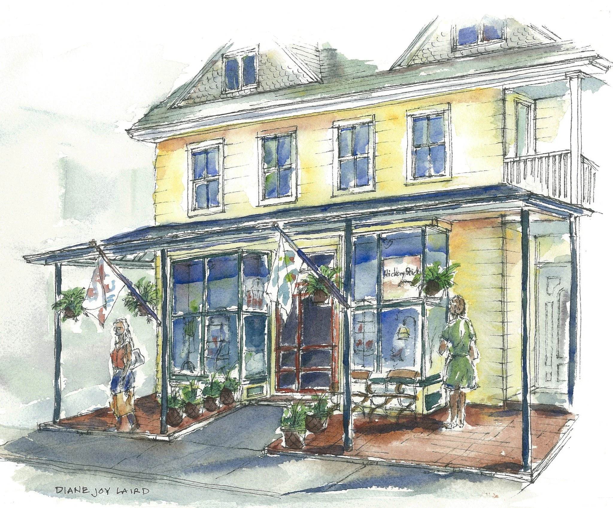 Watercolor illustration of a two-story yellow building with a porch, hanging plants, and flags, featuring a woman with a shopping bag and another woman in a green dress on the sidewalk.