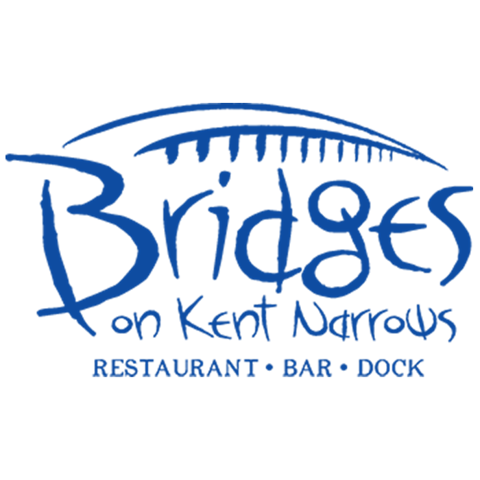 Logo for Bridges on Kent Narrows featuring a stylized bridge design, the restaurant's name, and text indicating it is a restaurant, bar, and dock.